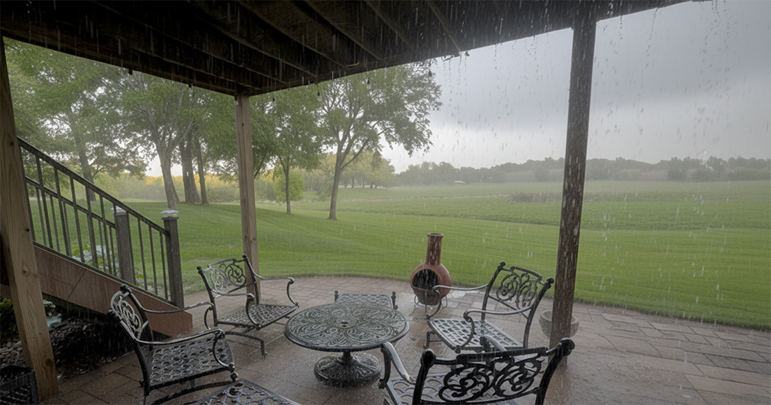 Outdoor patio with furniture getting wet during rain.