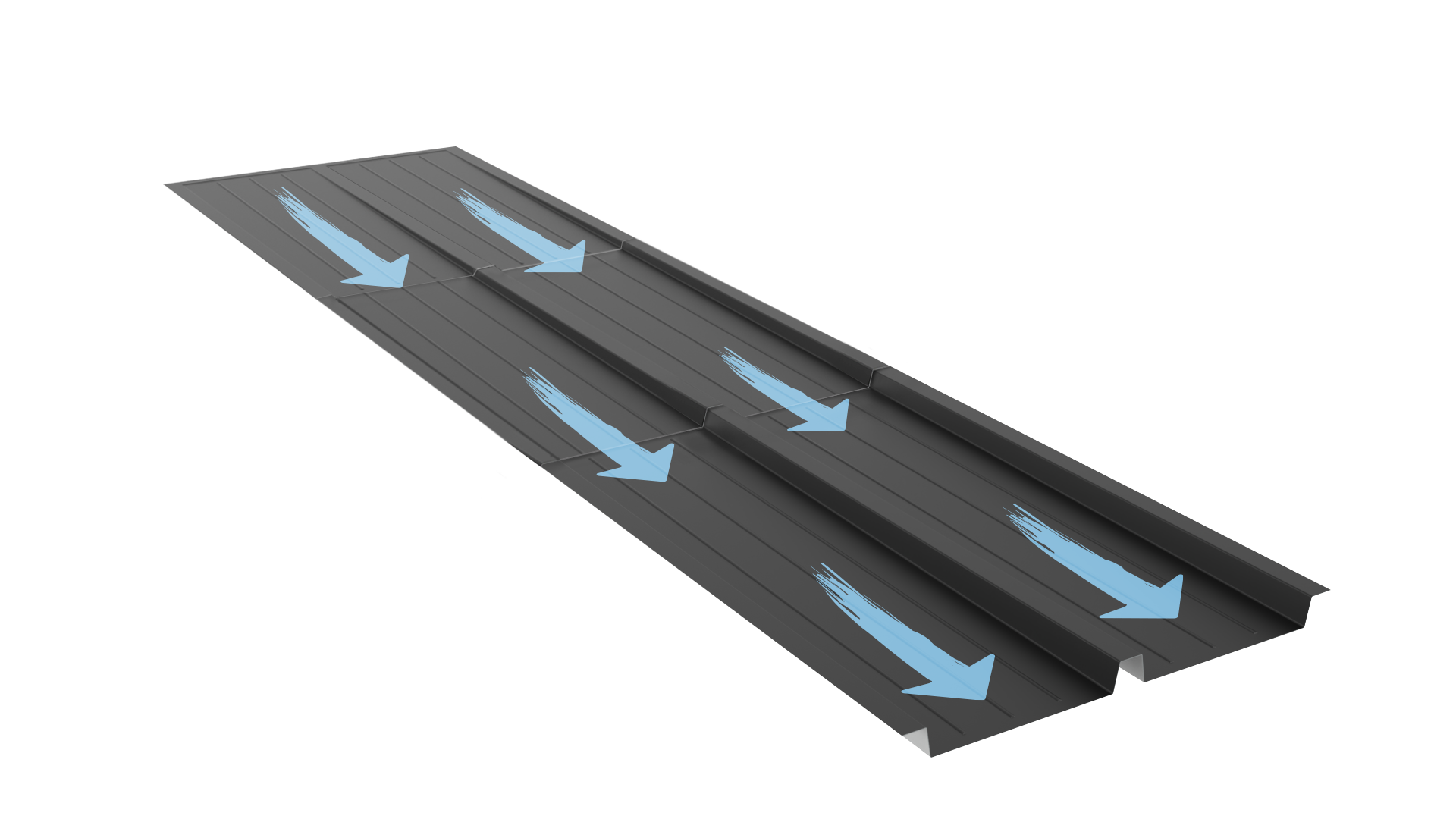 Arrows depicting how water drains out of the panel system.