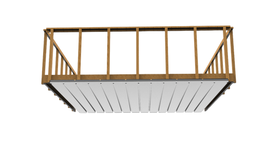 Wooden balcony with railings and an UnderDeck Shields system installed underneath.